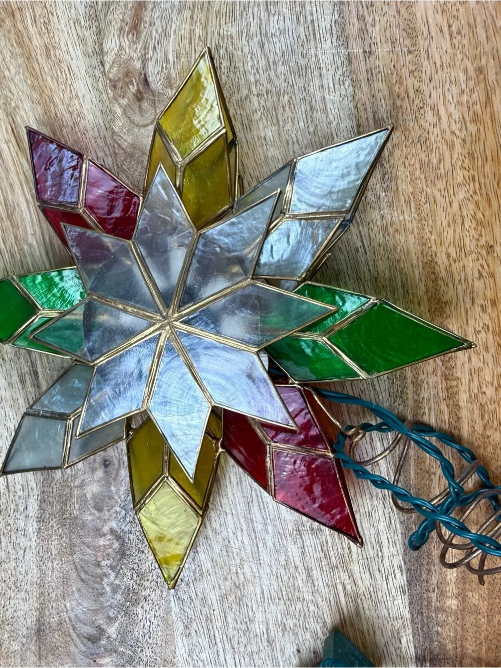 Vintage Stained Glass Lighted Christmas Tree Topper Star Multicolor Holiday